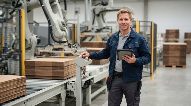 Male engineer with tablet by an automated robotic stacking system. Smiling worker in a corrugated cardboard packaging factory. Industrial automation concept