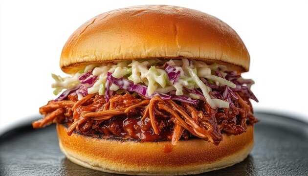 Mouthwatering pulled barbecue pork sandwich with tangy red and green coleslaw and sticky sauce on a glossy toasted bun on a dark plate, comforting and savory
