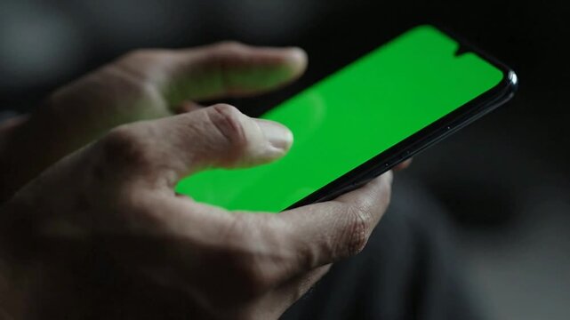 Close-up of person using smartphone with green screen for chroma key compositing and app interface mockup png. ai generated