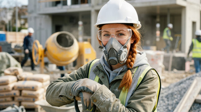 Female construction worker wearing protective respirator mask and hard hat. Portrait of woman builder at active building site with cement mixer