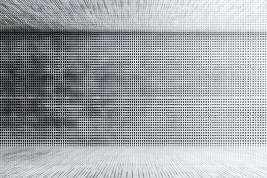 Empty monochrome room with halftone dot grid on walls, floor and ceiling, strong perspective and gradient creating a calm yet disorienting optical effect
