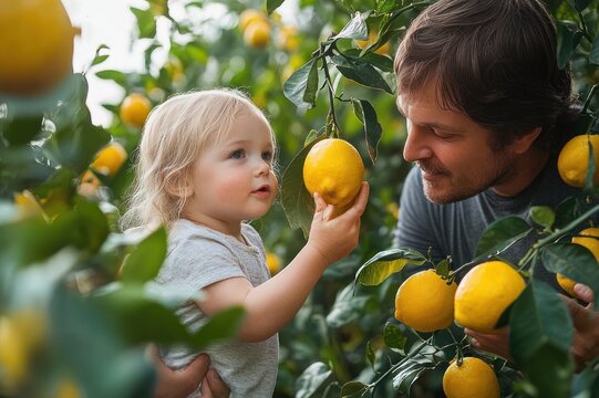 child and adult with faces obscured picking ripe yellow lemons in a sunlit citrus orchard, tender joyful bonding moment among green leaves