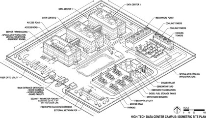 Obraz premium Isometric Site Plan of a High-Tech Data Center Campus Featuring Infrastructure Buildings and Utility Facilities