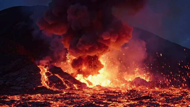 Explosive volcanic eruption with glowing molten lava flow and ash plume at night dramatic geological disaster and natural power concept png. ai generated