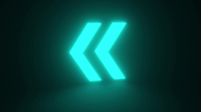 Cyan Rewinding Sign Glowing and Rotating on Black Background