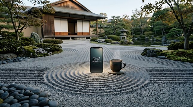 Smartphone and Coffee Cup in Zen Garden with Traditional Japanese House.