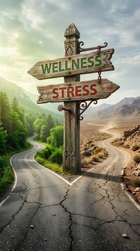 Crossroads Signpost Offering Choice Between Wellness and Stress in Nature.