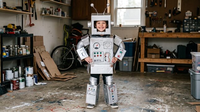 Young boy dressed in a homemade cardboard robot costume stands in a messy garage workshop