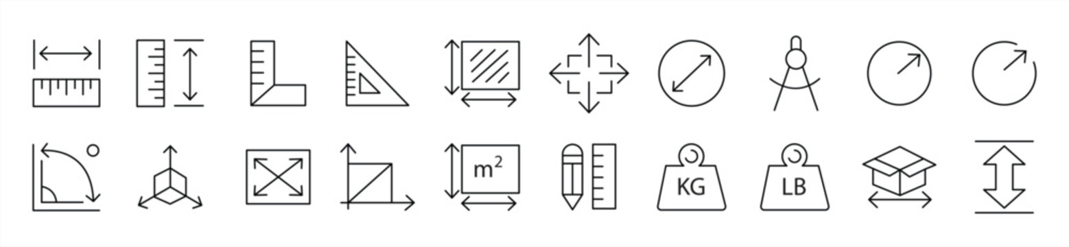 A set of line icons related to length, weight, and volume. Includes icons such as a ruler, m&sup2;, area, and more. Features adjustable strokes. Vector illustration.