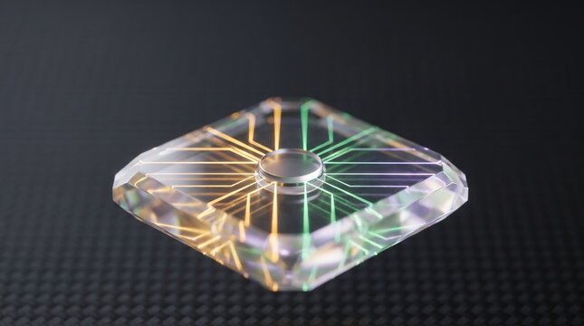 Shiny transparent glass fidget spinner with glowing colorful circuits floating elegantly against a dark textured background in high quality detail