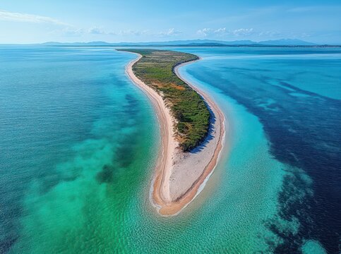 tranquil aerial view of a narrow sand spit with green vegetation curving into turquoise shallow sea and white sand beaches under a bright sunny sky