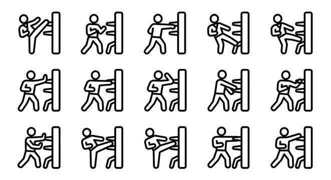 Martial art measure techniques with wooden dummy training icons