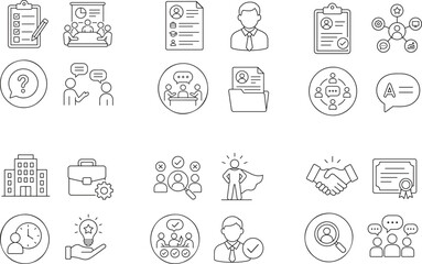 Fototapeta premium A collection of thin line icons representing business, human resources, management, and professional communication concepts.