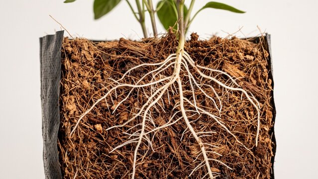 Macro texture of coco peat grow bag with healthy white plant roots