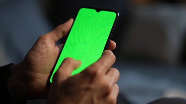 Person unlocking smartphone with fingerprint biometric security on green screen display for app integration png. ai generated