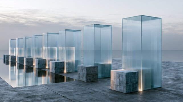 Vertical glass pillars on a reflective surface under sky.