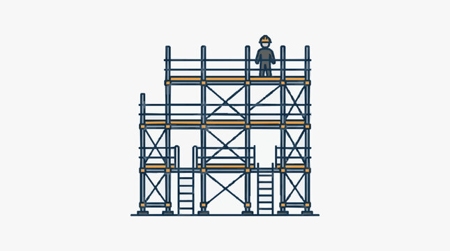 Construction Worker Climbing Scaffold Platform.
