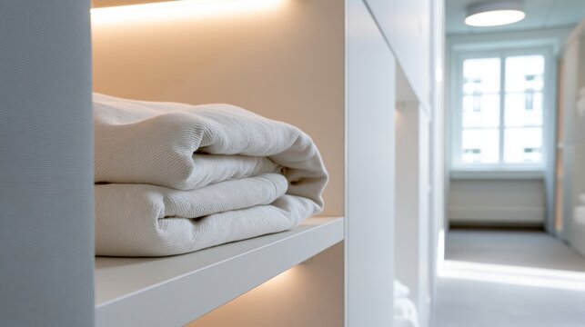 Folded white textile on shelf in modern temporary accommodation