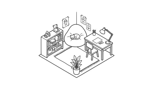 Isometric cozy study room interior line art coloring page