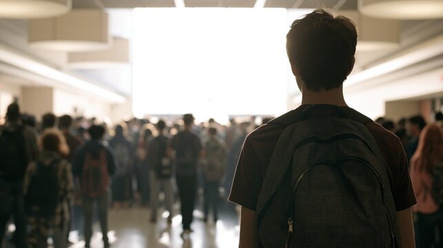Male student with backpack facing crowded school hallway corridor