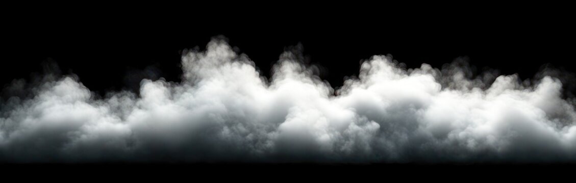 low-lying billowing white and gray cloud bank on deep black background, moody and mysterious atmosphere