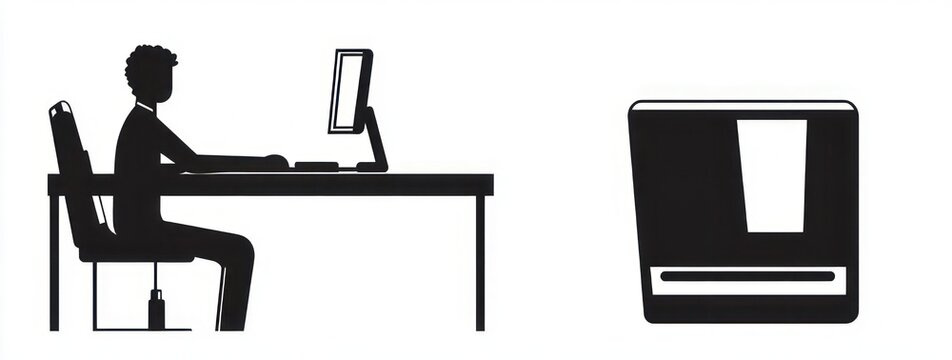 silhouetted person sitting at desk using a desktop computer with focused posture beside a separate rectangular electronic device icon