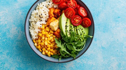 Obraz premium Buddha bowl with fresh healthy vegan food for a nutritious vegetarian lunch dinner