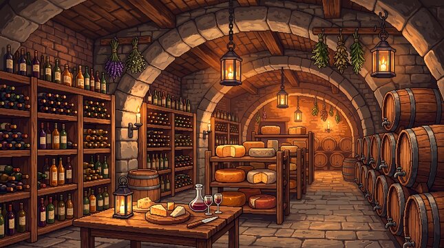 Detailed pixel art scene featuring a rustic underground wine cellar with wooden barrels and cheese wheels