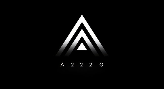 minimal monochrome emblem of layered white triangles above spaced alphanumeric characters on a black background, sleek mysterious futuristic mood