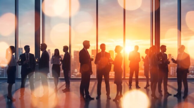 Business people silhouettes networking at corporate evening event in modern skyscraper office with city sunset view through floor to ceiling windows and blurred golden bokeh light reflections