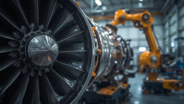 Macro Rocket Engine Turbine With Industrial Robotic Automation Inside Advanced Aerospace Engineering Manufacturing Facility Laboratory