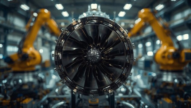Macro Front View Aerospace Turbine Engine With Industrial Robotic Automation Manufacturing Technology Concept