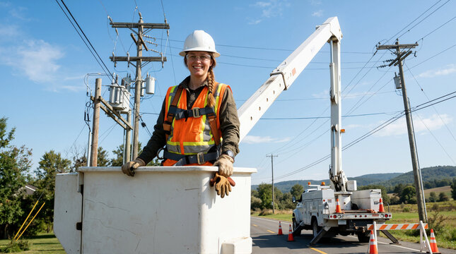 Smiling female utility lineman in an extended bucket truck. Woman electrical worker in white hard hat and safety harness on a rural road maintenance project