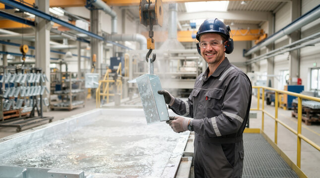 Male worker holding galvanized steel component next to a zinc bath. Hot dip galvanizing process