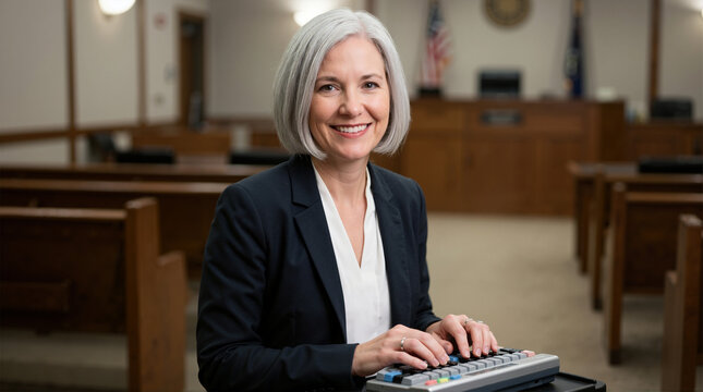 Female court reporter typing on a stenotype machine in a courtroom. Smiling middle aged woman stenographer. Legal transcription and justice concept
