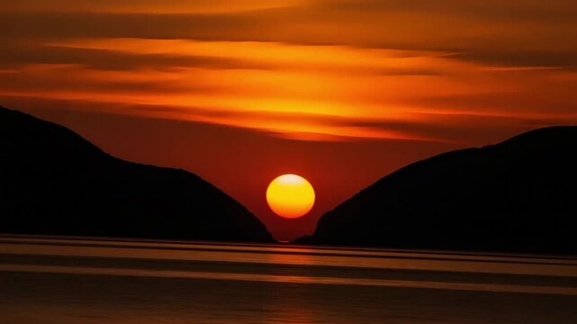 Sunset over dark silhouette mountains and calm ocean water sun landscape dusk horizon evening