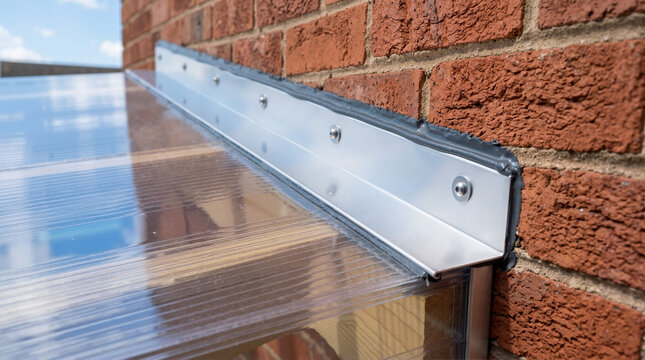 Flashing detail of polycarbonate roof meeting brick wall. L shaped aluminum profile with grey sealant bead. Close up of waterproof construction joint