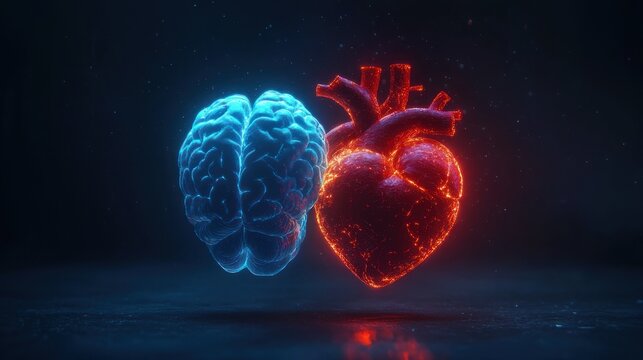 Glowing blue brain and fiery red anatomical heart floating side by side over a dark reflective surface, dramatic contrast evoking conflict between reason and passion