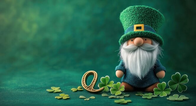 a cute bearded leprechaun figurine wearing a tall green hat with buckle, standing among scattered clovers and a golden horseshoe on a soft emerald background, whimsical and lucky mood