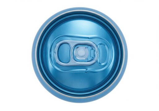Top view of a blue aluminum beverage can with a pull tab isolated on white background