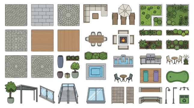 Patio pavement textures and outdoor garden furniture top view vector set