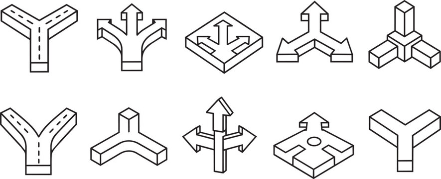 Isometric junction and path icons set for business navigation