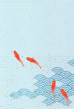 Goldfish swimming gracefully in traditional Japanese patterned water