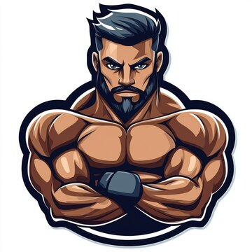muscular shirtless male mascot with crossed arms, gloved hands, short dark hair and blurred face in a powerful confident stoic pose, bold vector illustration
