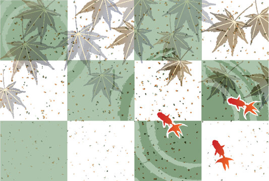 Japanese Style Checkered Pattern with Maple Leaves and Goldfish