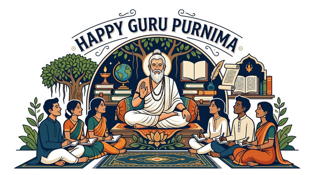 A wise guru sits in meditation surrounded by students on HAPPY Guru Purnima, symbolizing knowledge and spiritual