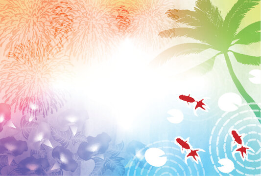 Vibrant Japanese Summer Festival Background with Goldfish and Fireworks