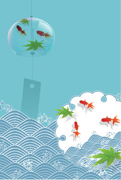 Summer Japanese Wind Chime Illustration with Goldfish and Waves