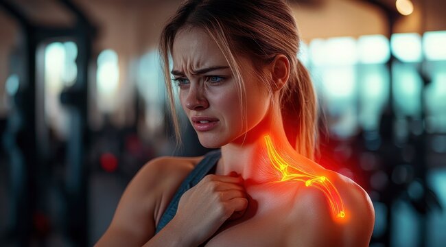 Woman in gym clutching sore neck and shoulder with glowing anatomical overlay highlighting pain and tension