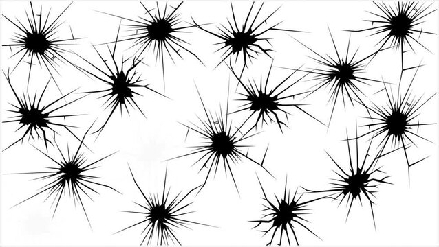 Multiple black cracks resembling broken glass or bullet holes appear on a white background
